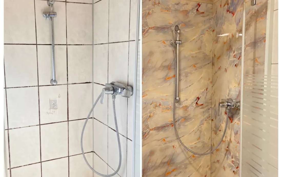 Dusche ohne Fugen — vorher und nachher