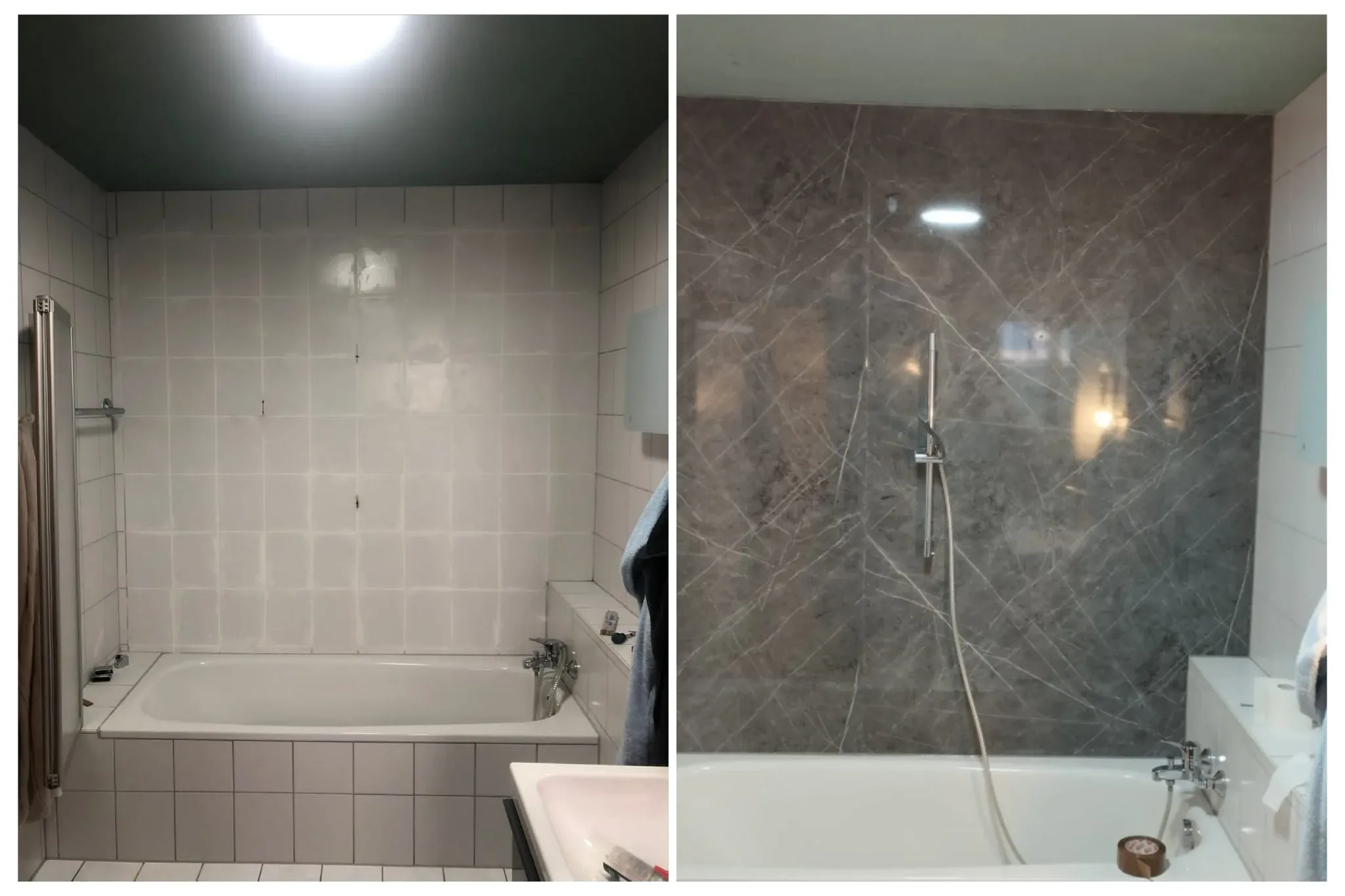 Wand über der Badewanne vor und nach der Verkleidung
